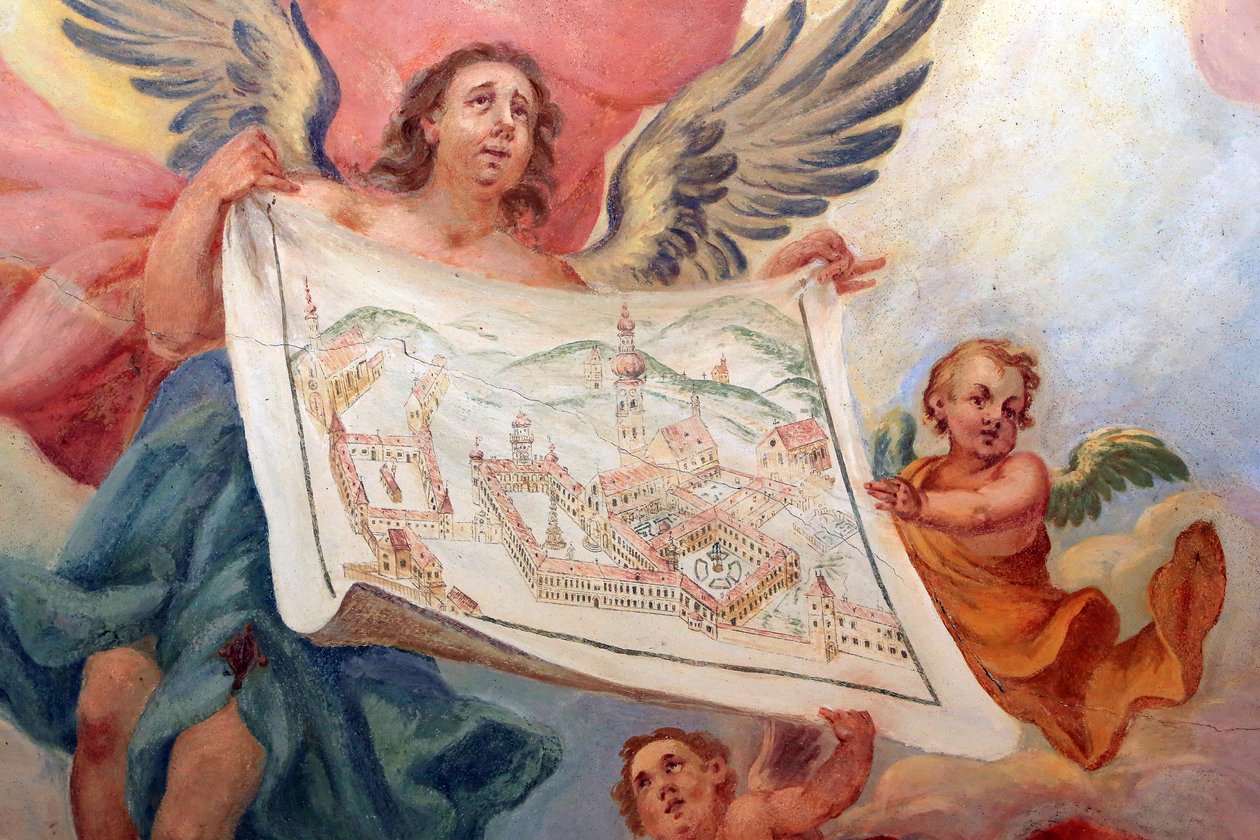 Angel holding a plan of the Abbey of Heiligenkreuz. Heiligenkreuz Abbey, Vienna, Austria 作者 不明