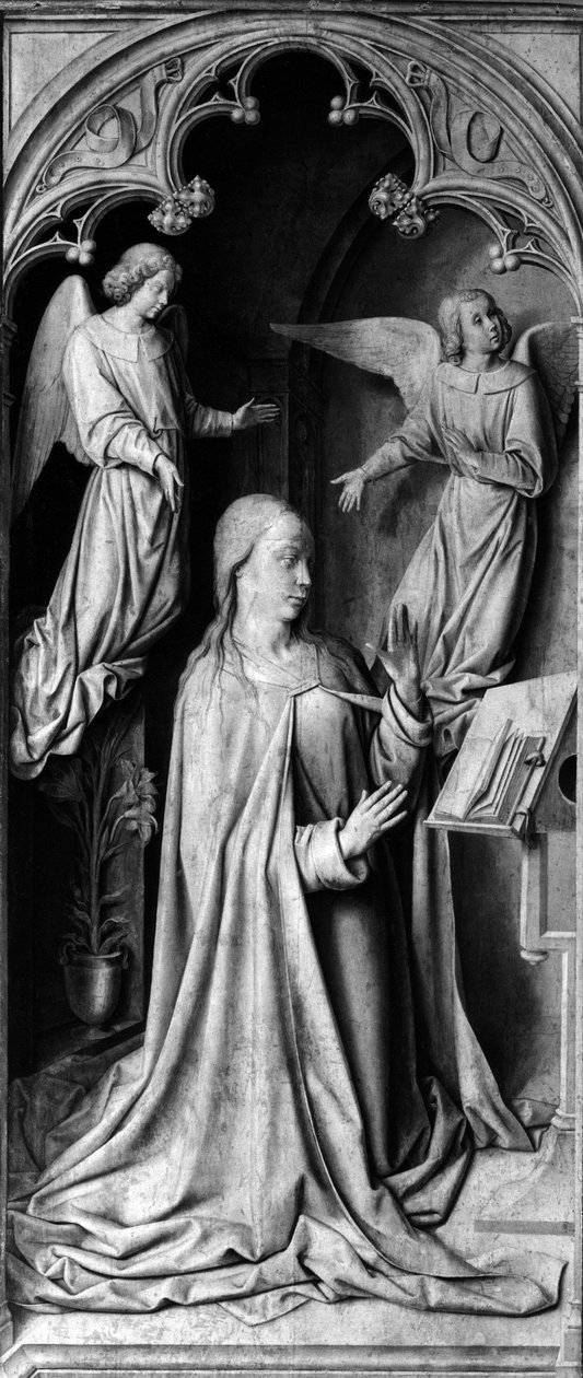 Annunciation 胰蛋白酶的反面，左侧部分。 15 世纪 Moulins 大师或 Jean Hey（1450-1505）的绘画。 Cathedrale Notre Dame, Moulins (Allier) 作者 不明
