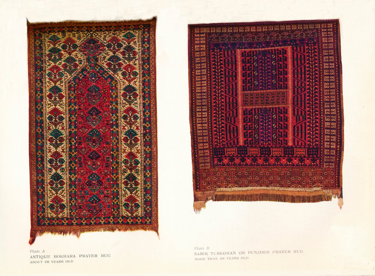 古董博卡拉祈祷毯和Sarik Turkoman或Punjdeh祈祷毯，c1920 作者 不明