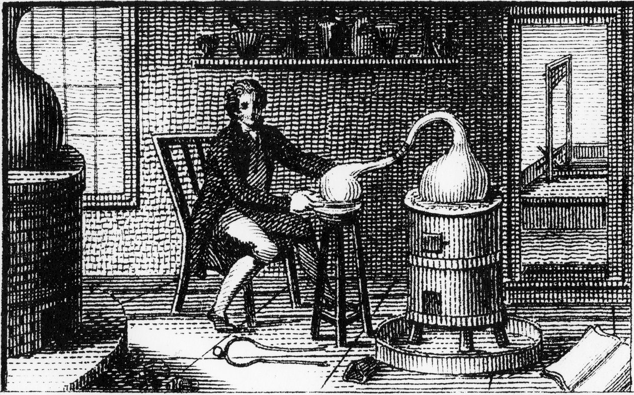 18世纪的法国化学家Antoine Laurent Lavoisier，1814年在他的实验室中 作者 不明
