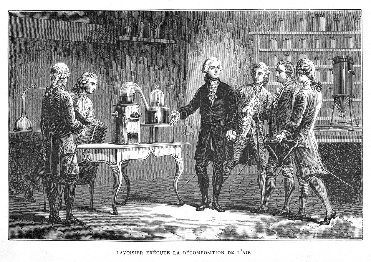 法国化学家Antoine Laurent Lavoisier展示了他的氧气发现，1776年1874年 作者 不明