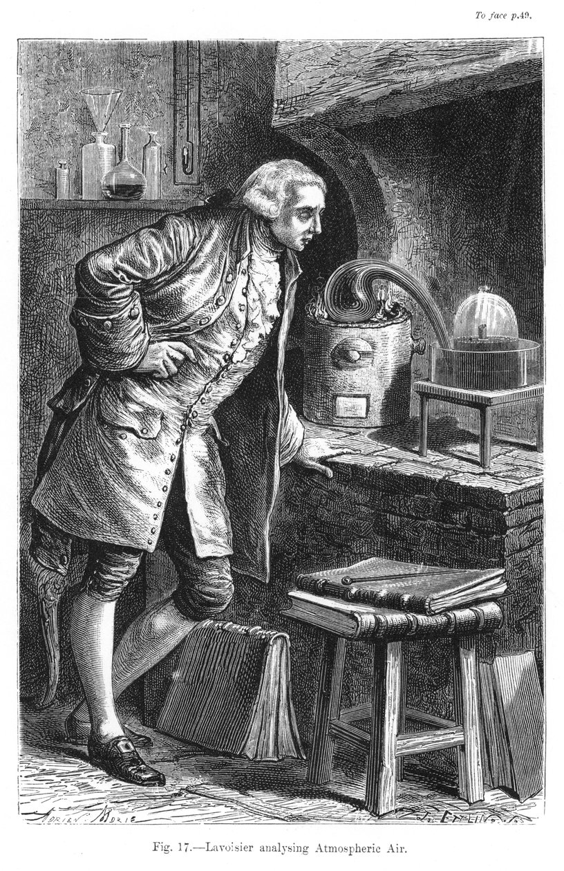 法国化学家Antoine Laurent Lavoisier，调查了空气中氧气的存在，1873年 作者 不明