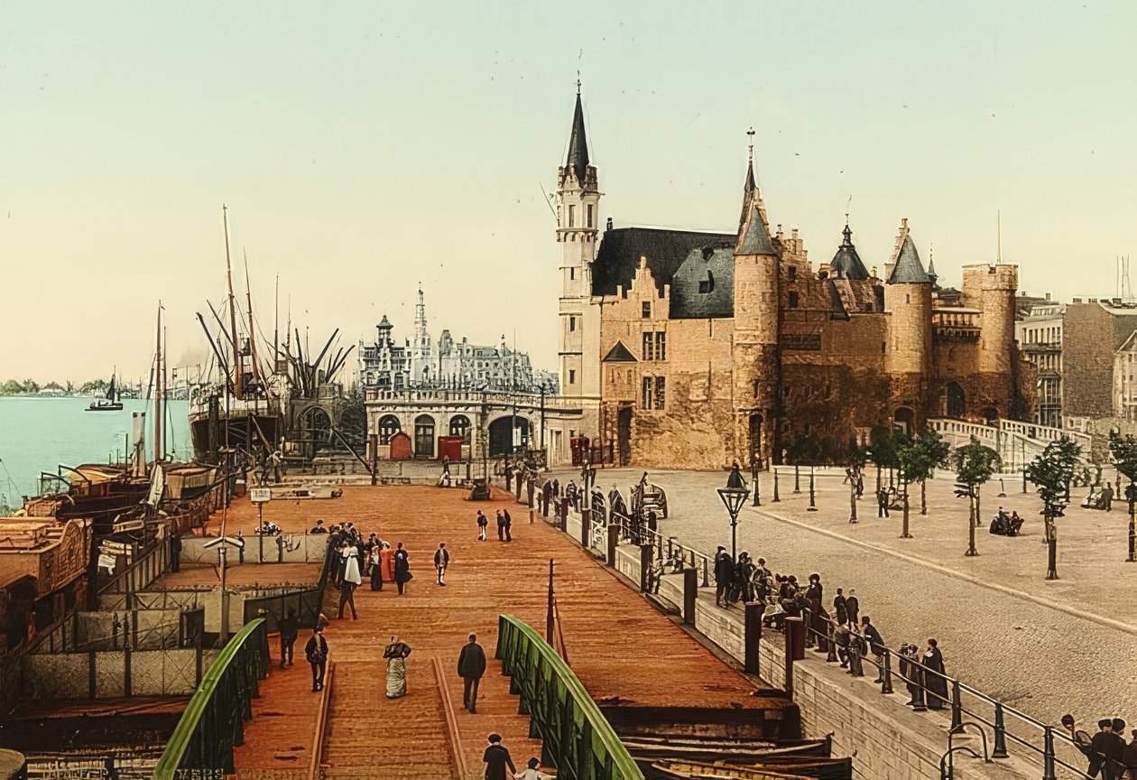 安特卫普（Anvers）。在老城堡（Het Steen）的看法对港口。 1900年左右 作者 不明