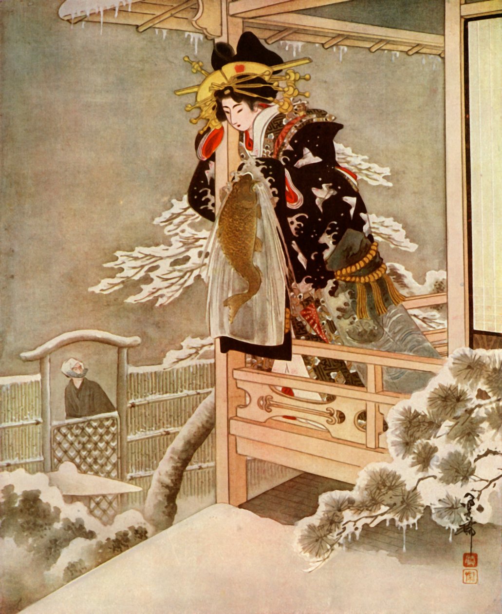 她说话时，浦里俯身越过阳台……，1919年。 作者 不明