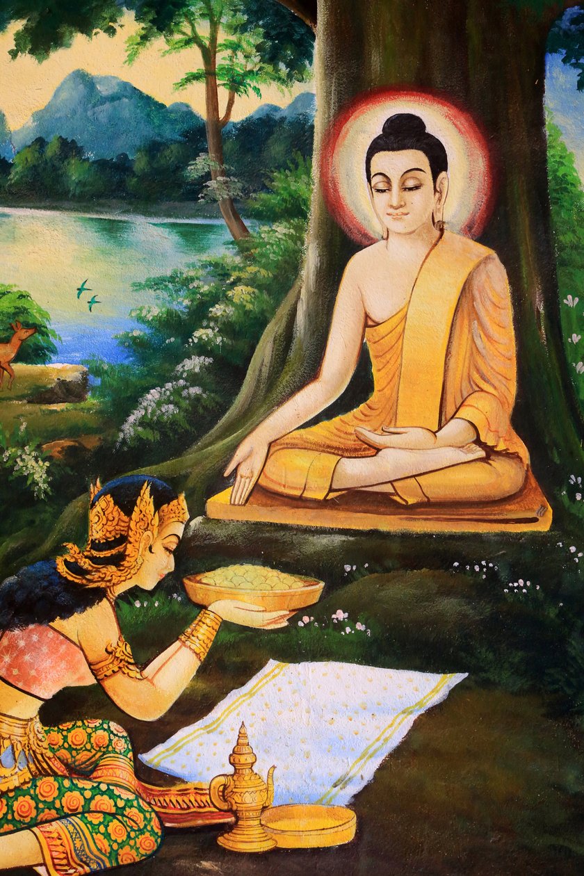 Ascetic Buddha was offered a bowl of milk-rice meal on the morning of his Enlightenment by Nandabala. Painting depicting the life story of Shakyamuni Buddha. Wat Ong Teu Mahawihan. Temple of the Heavy Bouddha. Ventiane. Laos, 20151028, Vientiane, Laos 作者 不明