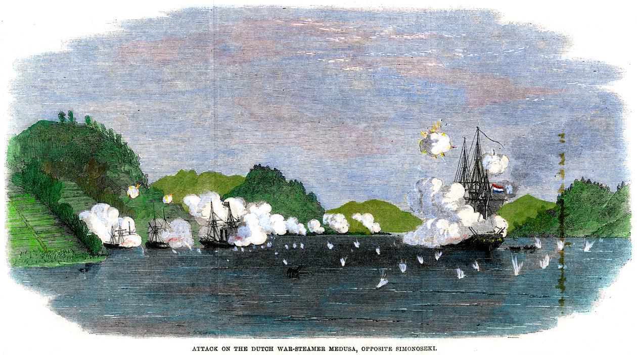 1863年，袭击日本西蒙oseki对面的荷兰战船美杜莎 作者 不明