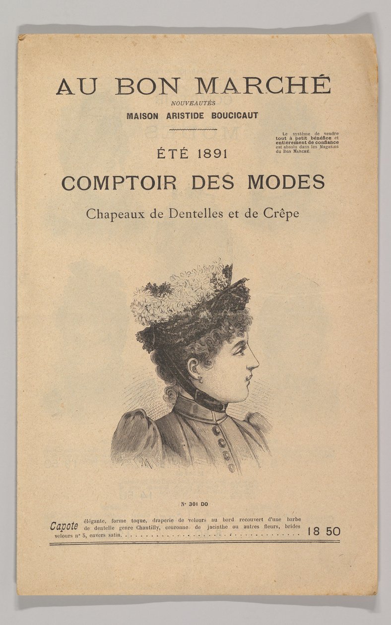 Au Bon Marché-Comptoir des Modes, Lace and Crepe Hats, Summer 1891, 1891. 作者 不明