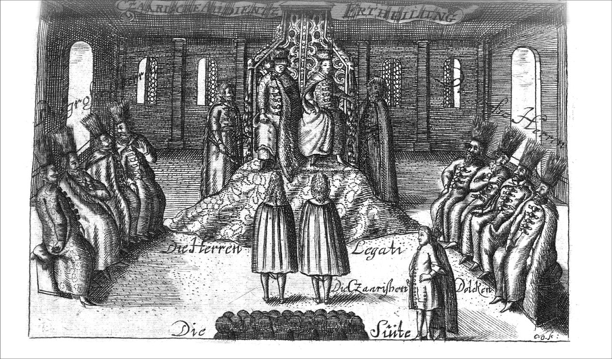 观众来自伊万五世，彼得一世和索菲亚·阿列克谢耶夫娜（Georg Adam Schleissing Derer beyden Czaaren），来自罗伊斯兰，1693年。 作者 不明