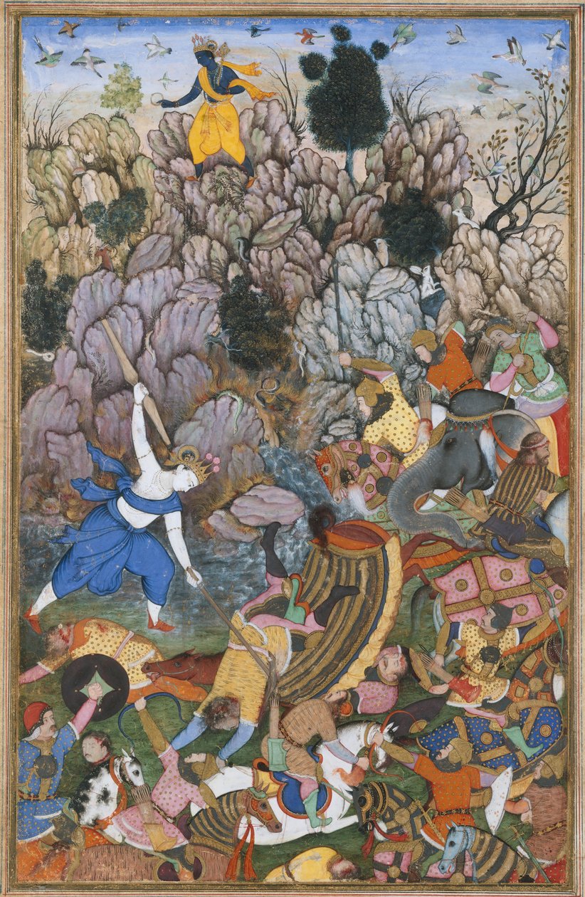 Balarama和Krishna与敌人战斗，来自Harivamsa The Legend of...的对开本，约1590-95。 作者 不明