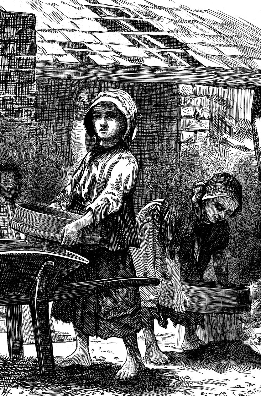 赤脚的女孩在砖瓦厂里过滤灰尘，1871年 作者 不明