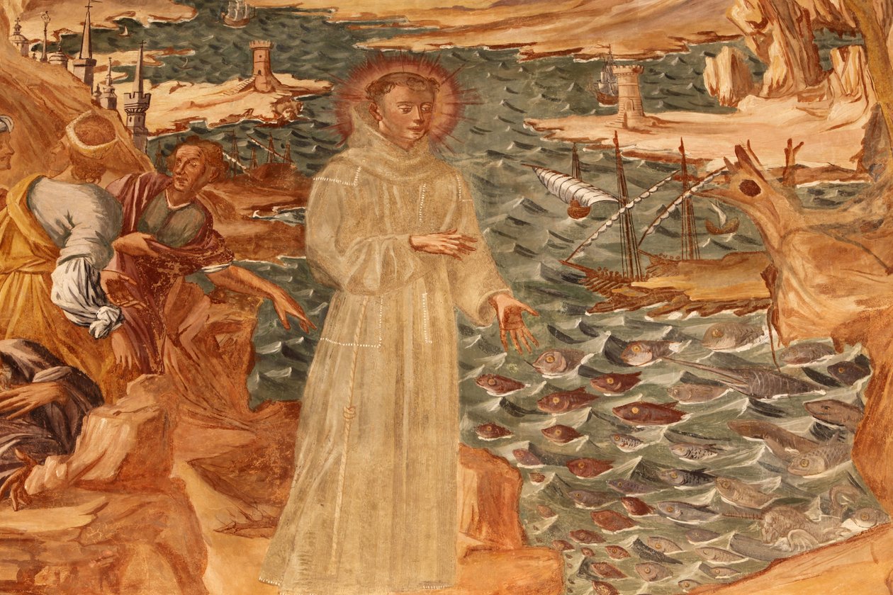 Basilica di Santa Caterina, Galatina, Apulia Fresco in the cloister : St Anthony preaching to the fish Painted by BrJoseph of Gravina in 1696, Galatina, Italie 作者 不明