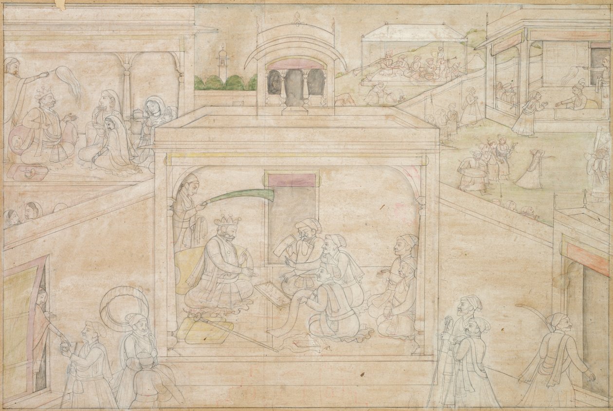 与占星家的Bhimas协商：Nala-Damayanti绘画中的场景，c。 1790-1800。 作者 不明