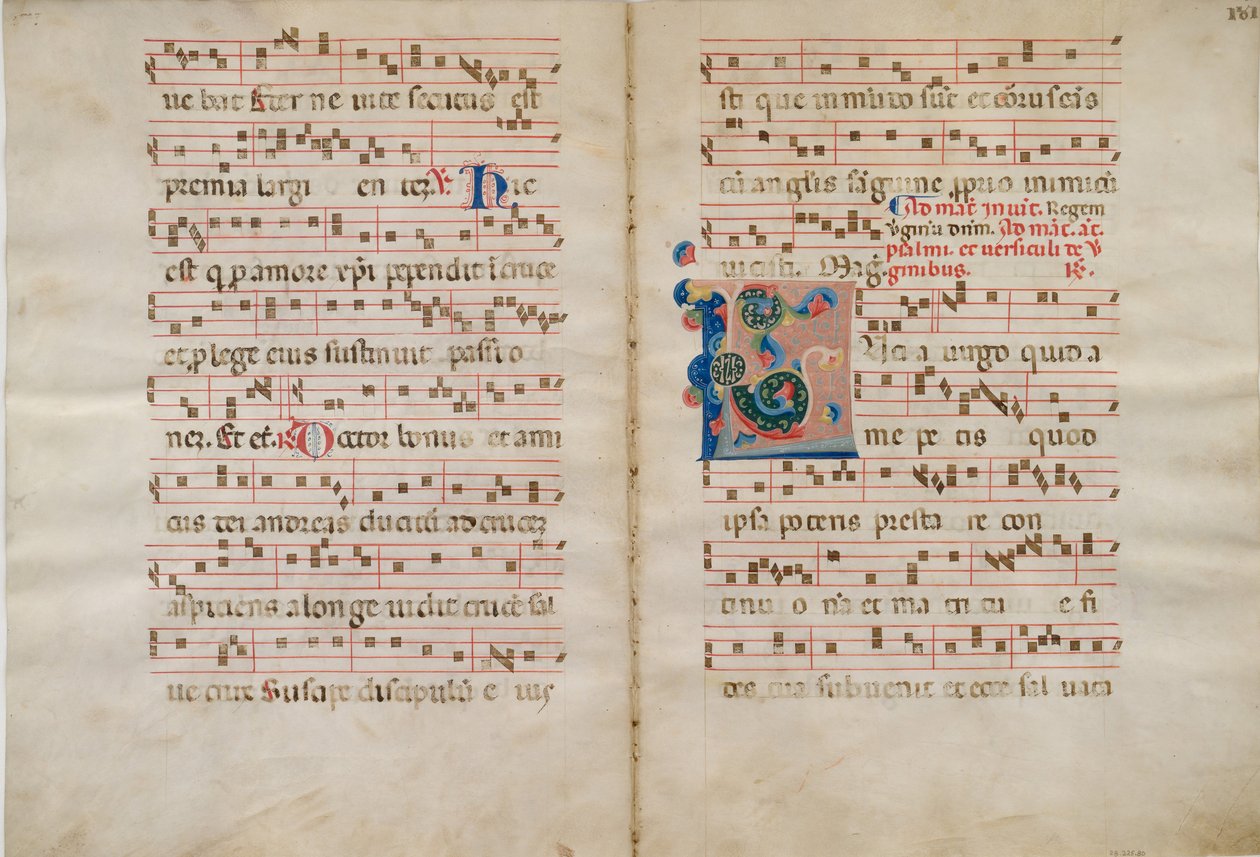 带有首字母L的双联，来自14世纪的Antiphonary。 作者 不明