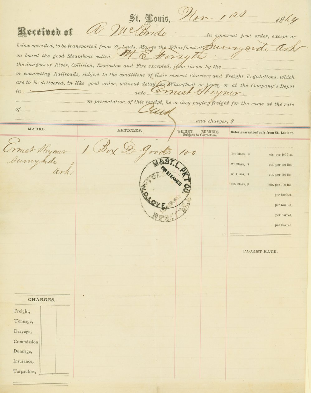 提货单，汽船M[ary] E. Forsyth, Sunnyside, Arkansas, 1864年11月1日 作者 不明