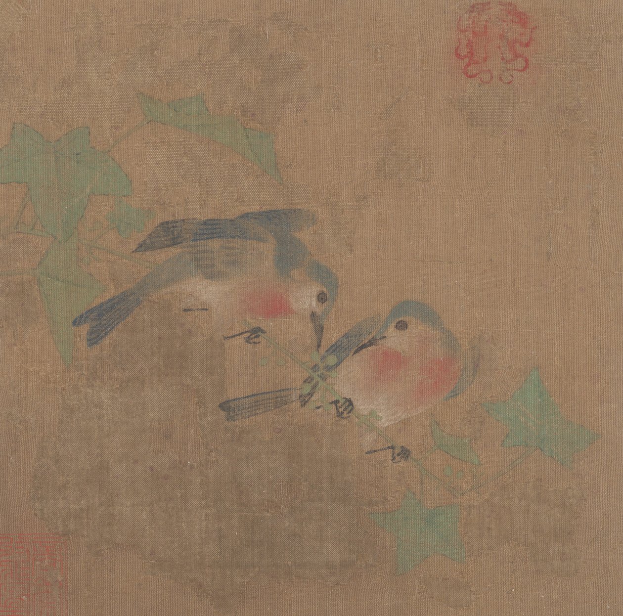 鸟在果树枝上。 作者 不明