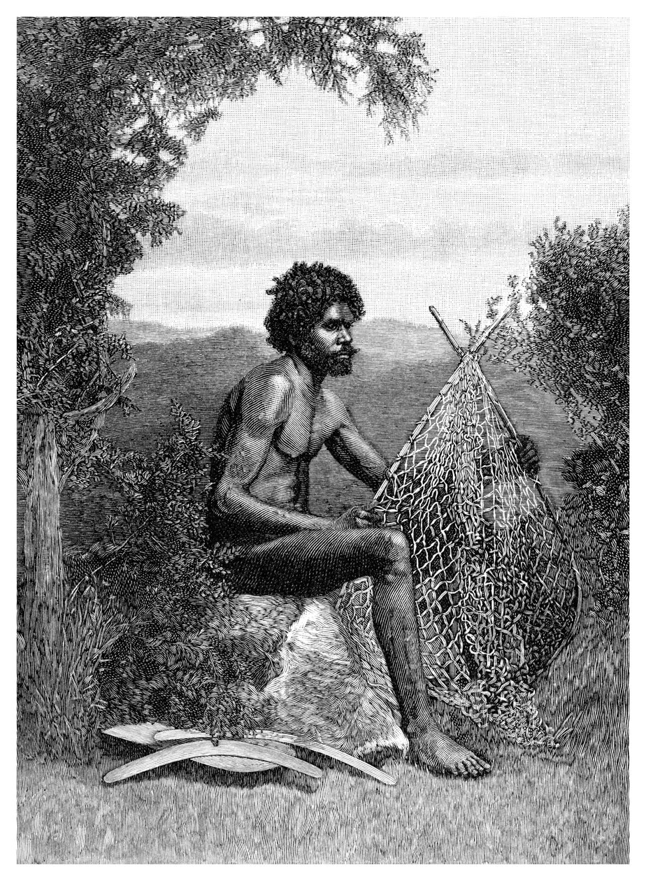 布莱克费尔（Blackfellow）修补自己的网兜，澳大利亚，1886年 作者 不明
