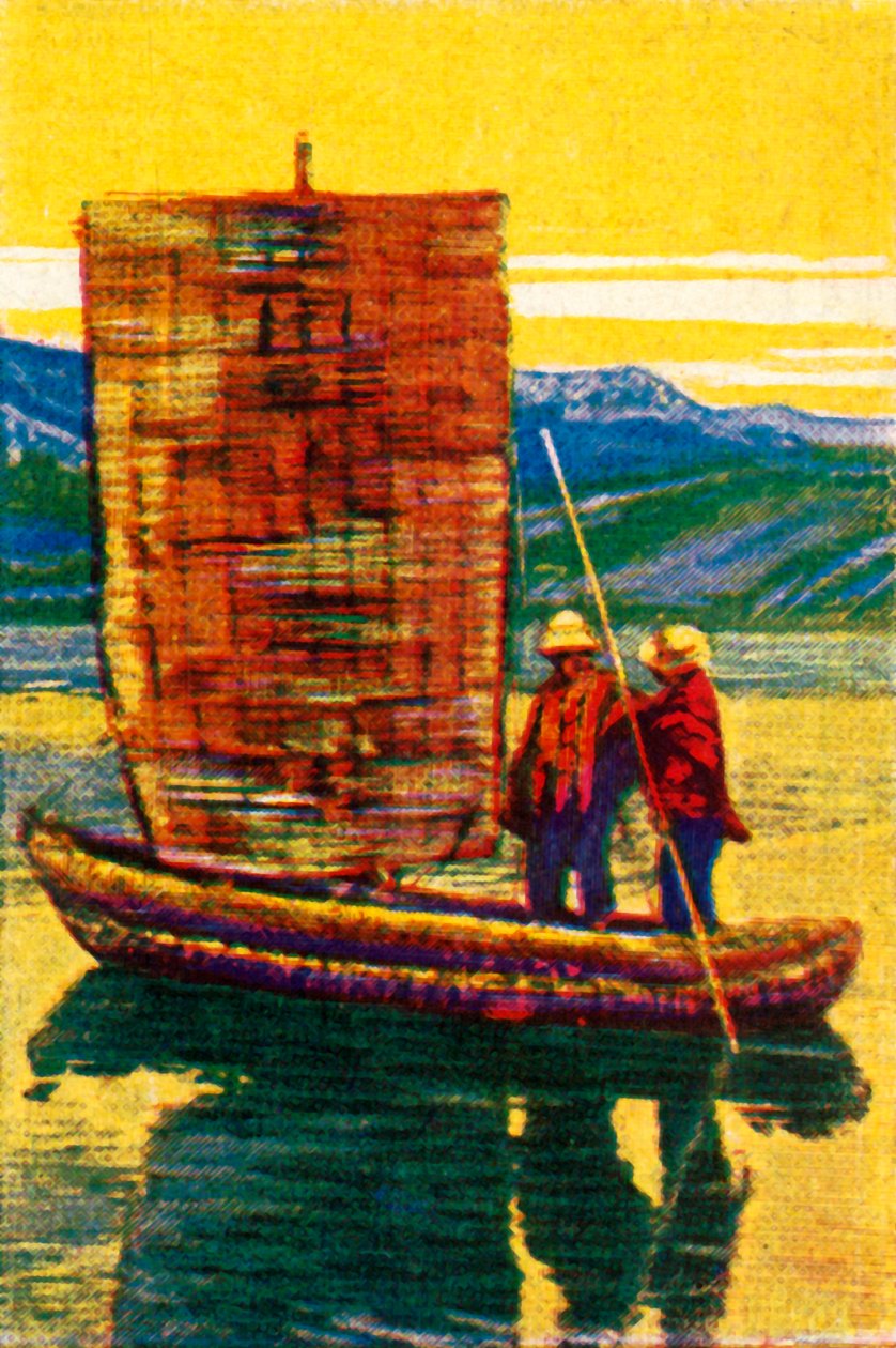 玻利维亚的用芦苇制成的帆船筏，c1928年。 作者 不明
