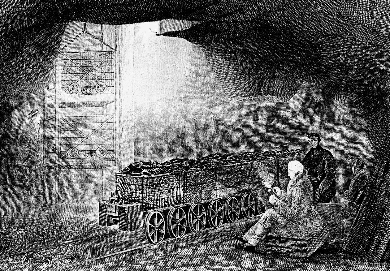 装满一列满载货车的煤矿井底的底部，1860年 作者 不明