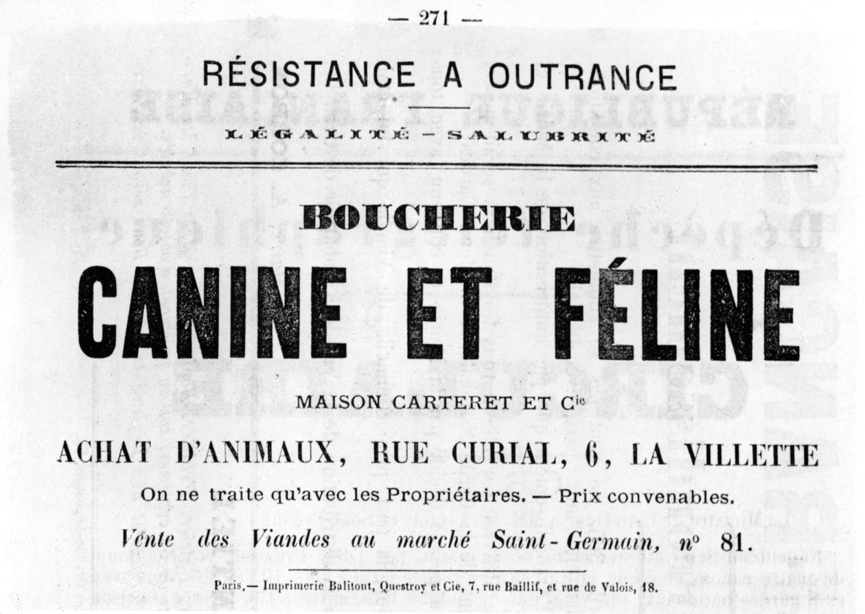 Boucherie Canine et Feline，摘自1871年5月巴黎公社的法国政治海报 作者 不明