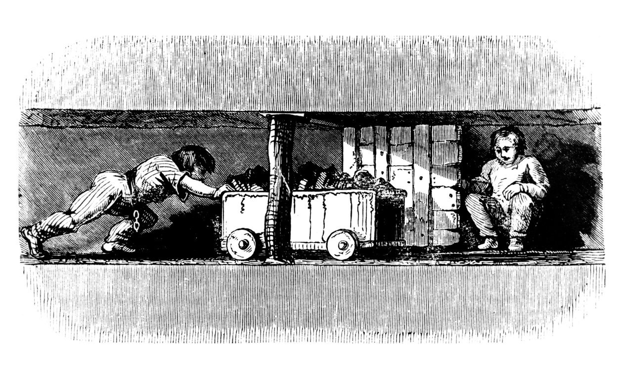 男孩把装满煤的卡车从煤面上推到井筒底部，c1848 作者 不明