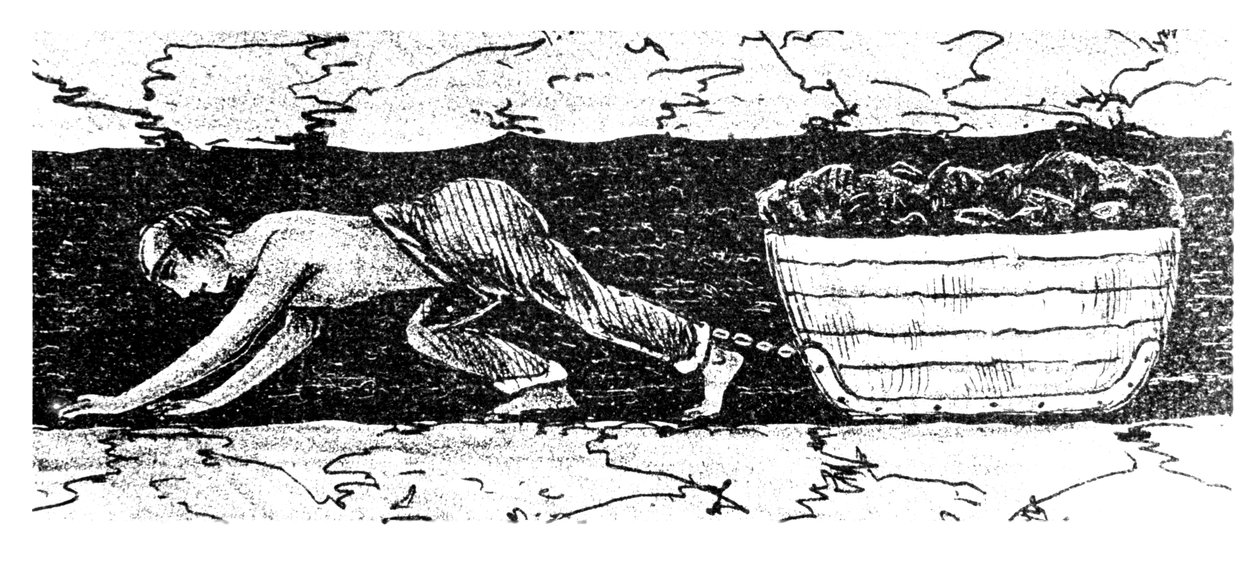 1848年，男孩推杆沿着狭窄的煤层拖着煤爬犁，南威尔士 作者 不明