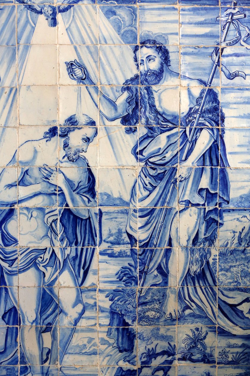 巴西、巴伊亚、萨尔瓦多 : Bonfim 教堂的 Azulejo : 耶稣的洗礼 作者 不明