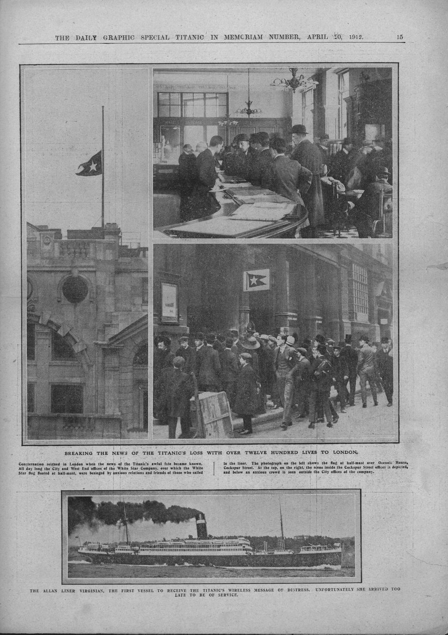 1912年4月20日，《泰坦尼克号损失》和RMS弗吉尼亚新闻的最新报道。 作者 不明