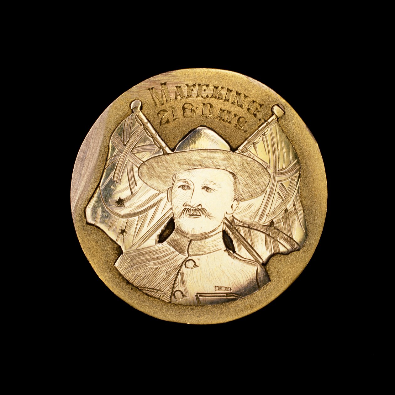 英国布尔战争奖章，庆祝抵御马费金围攻，并描绘了罗伯特-巴登-鲍威尔的形象（照片）。 作者 不明