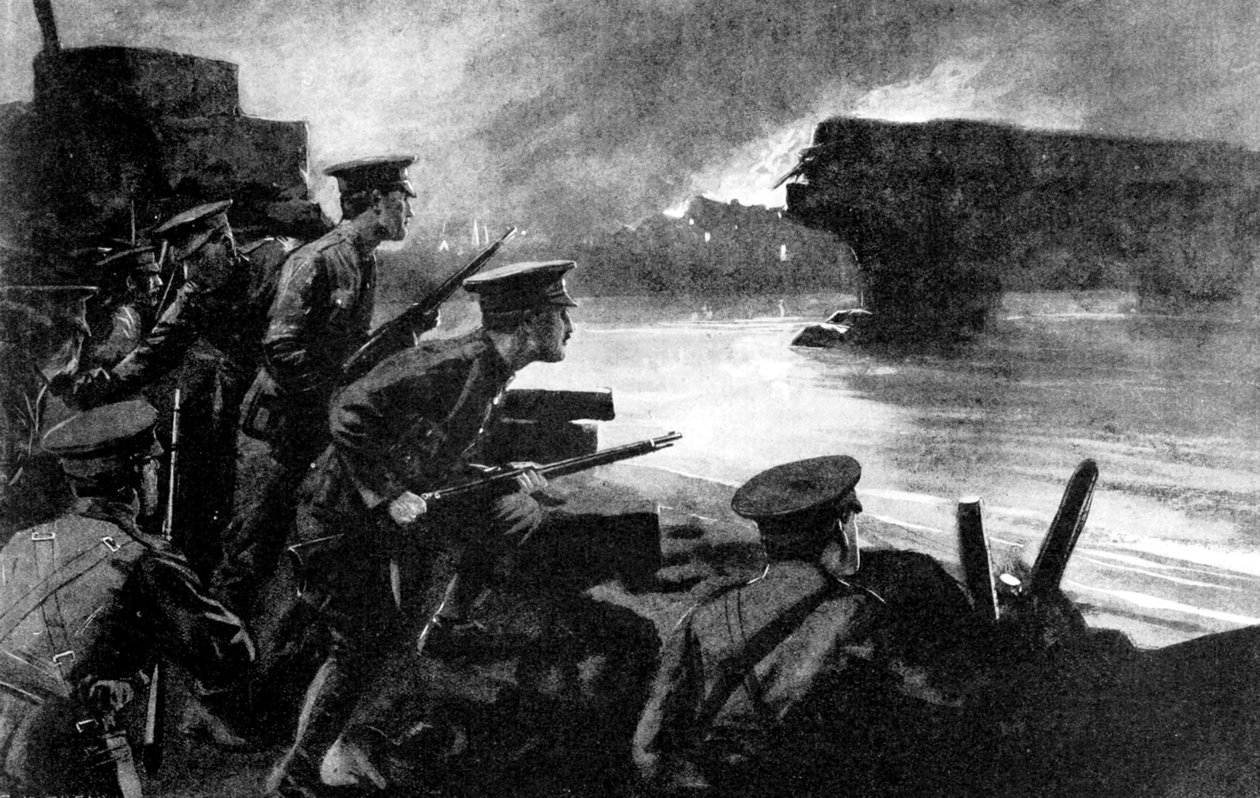 1914年，第一次世界大战，比利时在河岸上的英军为德国的前进做准备 作者 不明