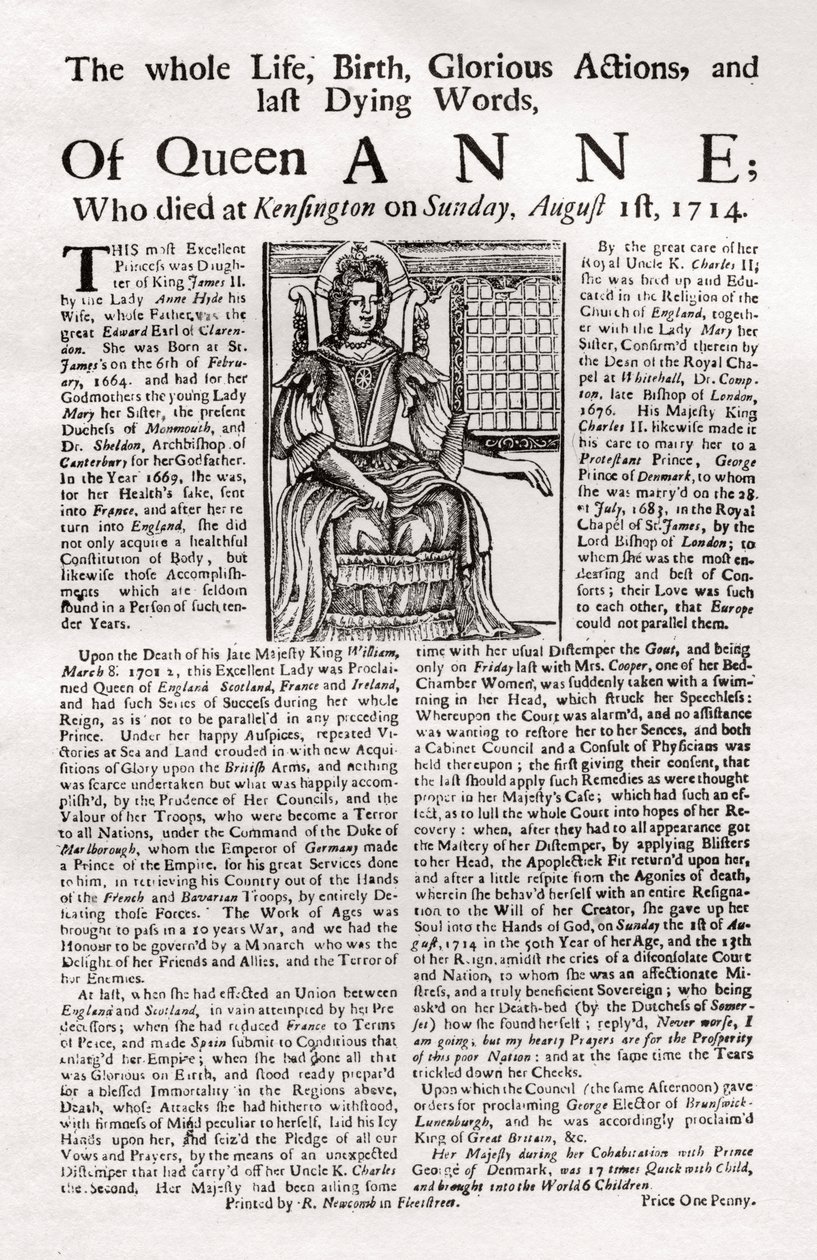 Broadside发表于1714年1906年安妮女王去世 作者 不明
