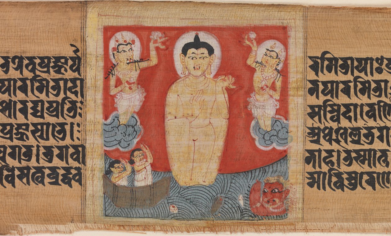 佛陀将安全Abhayananda交给水手，Leaf from ...，ca。 1090。 作者 不明