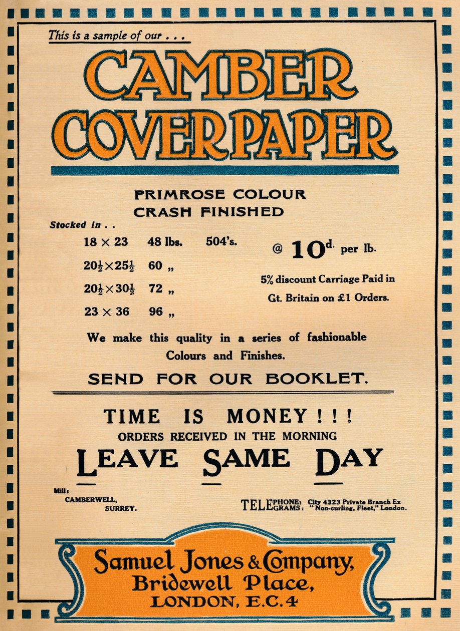 坎伯封面纸-塞缪尔·琼斯（Samuel Jones＆Company）广告，1919年 作者 不明