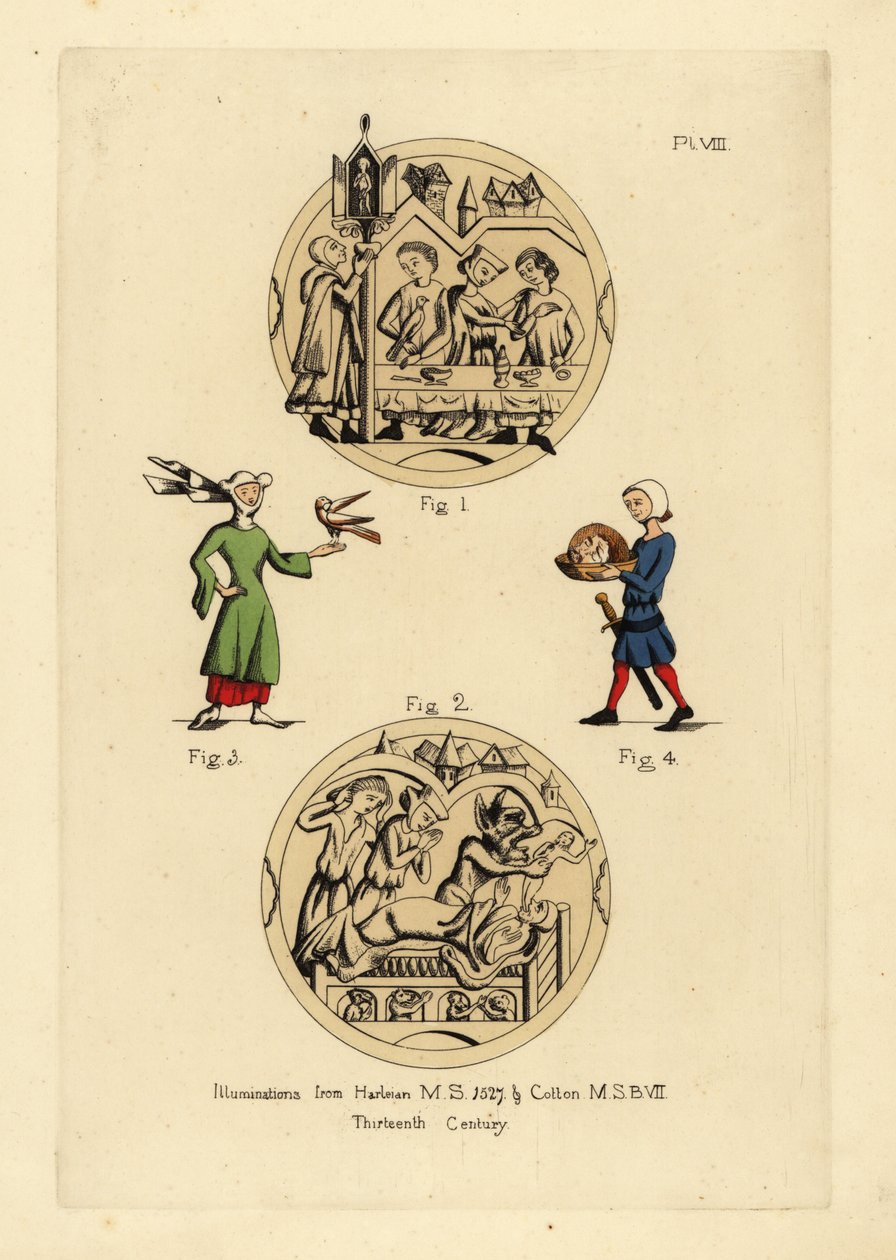 Carouse with men in cyclas admonished by a man in a legal coiff and capuchon 1, deathbed scene with the Devil taking the soul of a man 2, woman in wimple and horned hat with cointose scarf and bird 3, executioner of John the Baptist with his head on a plat 作者 不明