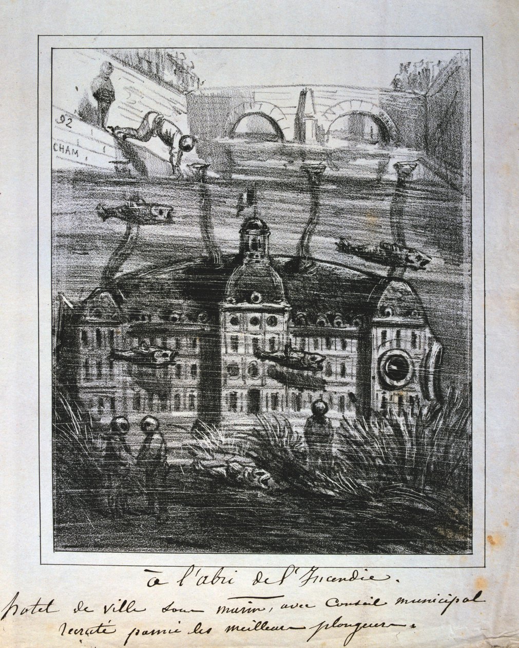 1871年巴黎公社在水下重建Hotel de Ville的卡通提议。 作者 不明