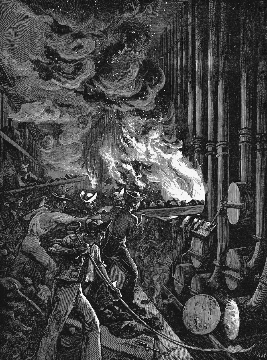 1878年在伦敦的贝克顿煤气厂给蒸馏瓶充电 作者 不明
