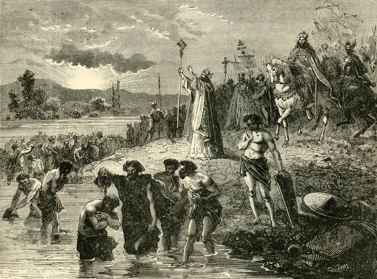 查理曼大帝使撒克逊人在782AD的威悉（Weser）受洗。 1890年。 作者 不明