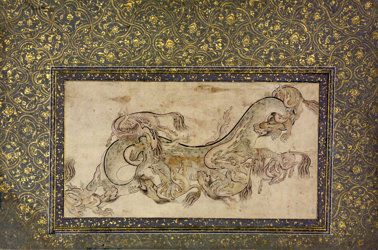 Chilins Chinese Chimerical Creatures Fighting with a Dragon，16世纪。 作者 不明