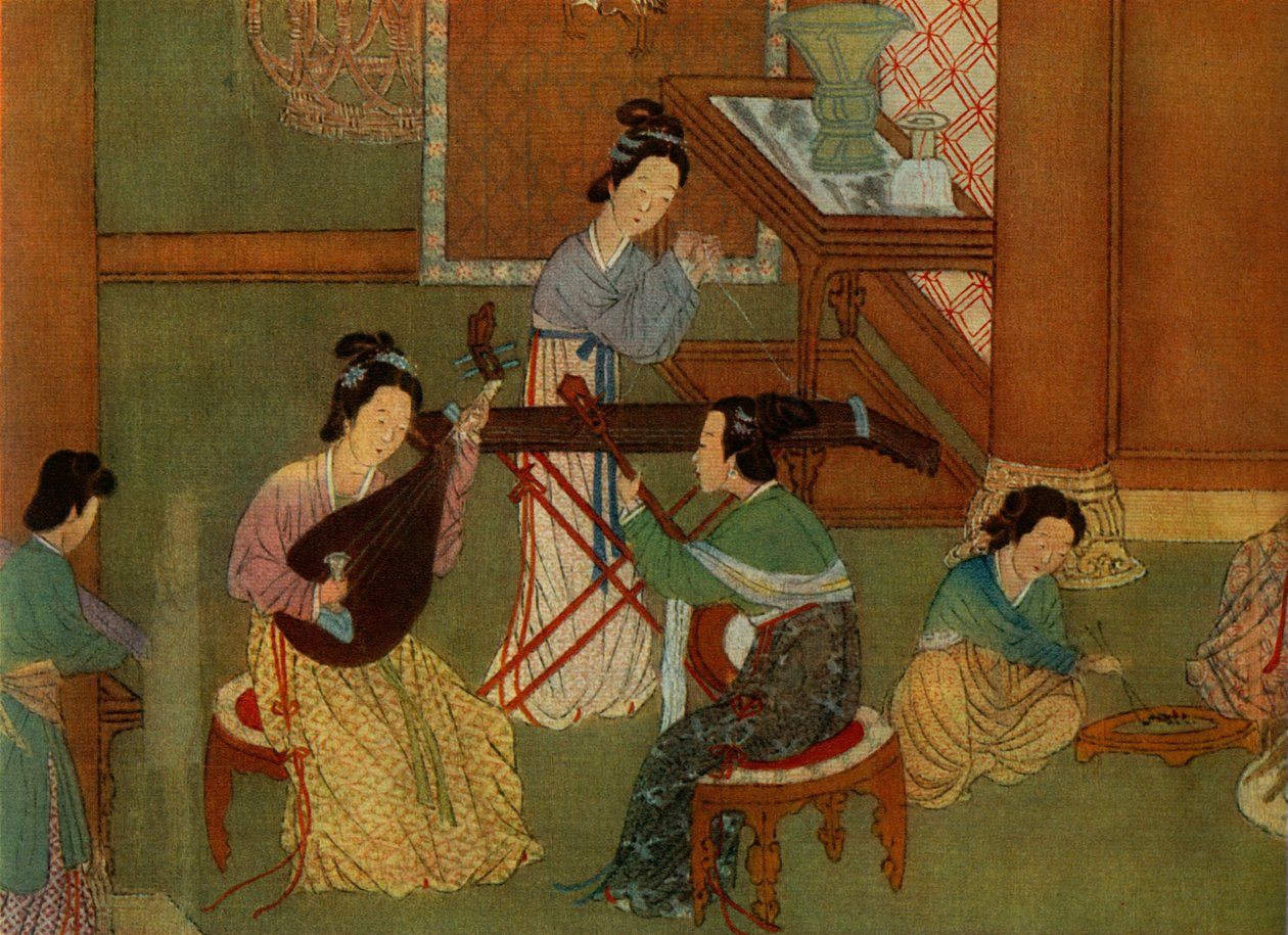 中国琵琶琵琶，月亮吉他月琴和桌上古筝琴，丝绸上油画的细节 作者 不明