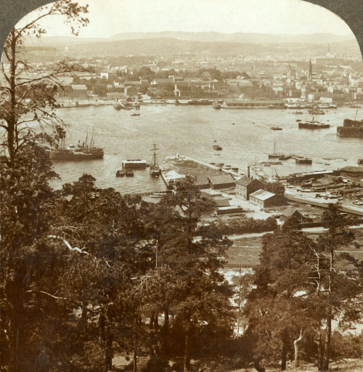 克里斯蒂安娜（Christiania）和她繁忙的港口，西北，来自挪威右翼的Ekeberg皇宫，建于1905年。 作者 不明