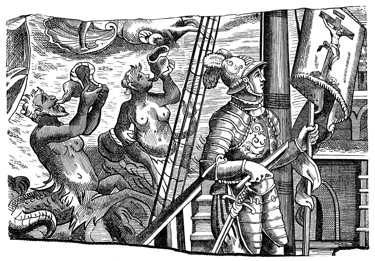 克里斯托弗·哥伦布（Christopher Columbus）航行至美国期间，雕刻，大约c1500 作者 不明