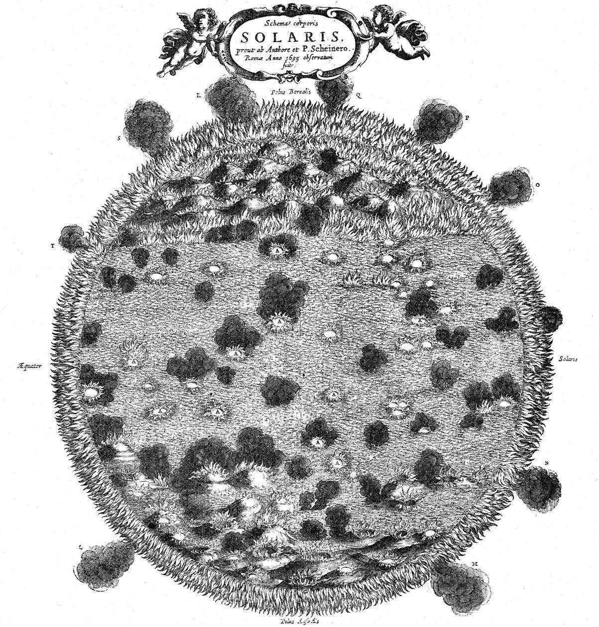 克里斯托弗·舍纳斯（Christopher Scheiners）的插图说明了他对太阳表面的看法，1635年 作者 不明