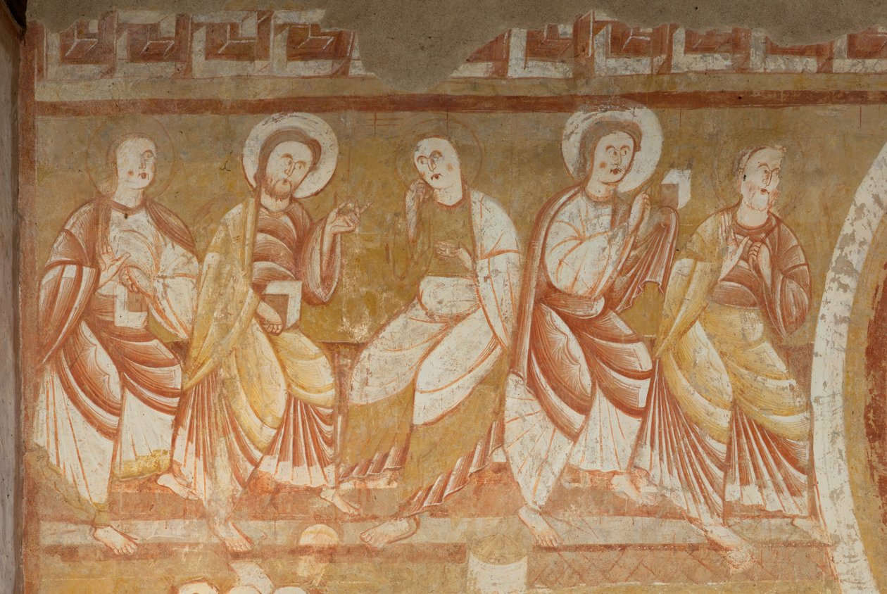 教堂（Église Saint-Martin）。 内部的。 壁画（壁画）。 中殿西墙。 细节。 使徒。 12世纪。 作者 不明