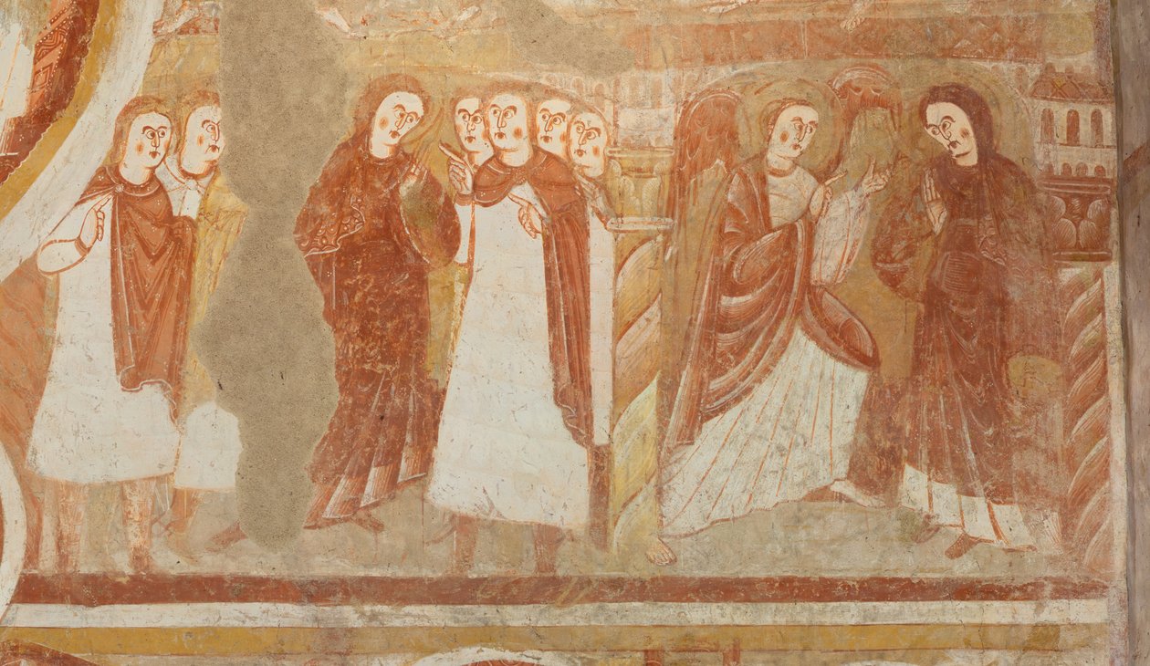 Church (Église Saint-Martin). Interior. Wall paintings (fresco). West wall of the nave. Detail. Accusation and annunciation of the Virgin. 12th century. 作者 不明