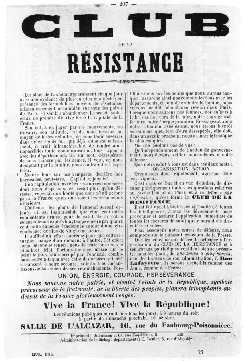 抵抗运动俱乐部，摘自1871年5月巴黎公社的法国政治海报 作者 不明