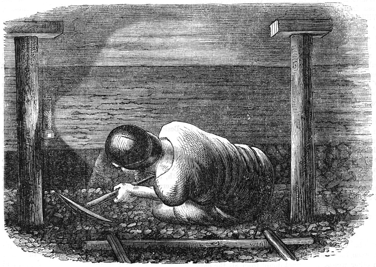 煤矿工人在狭窄的煤层上工作，c1864。 作者 不明