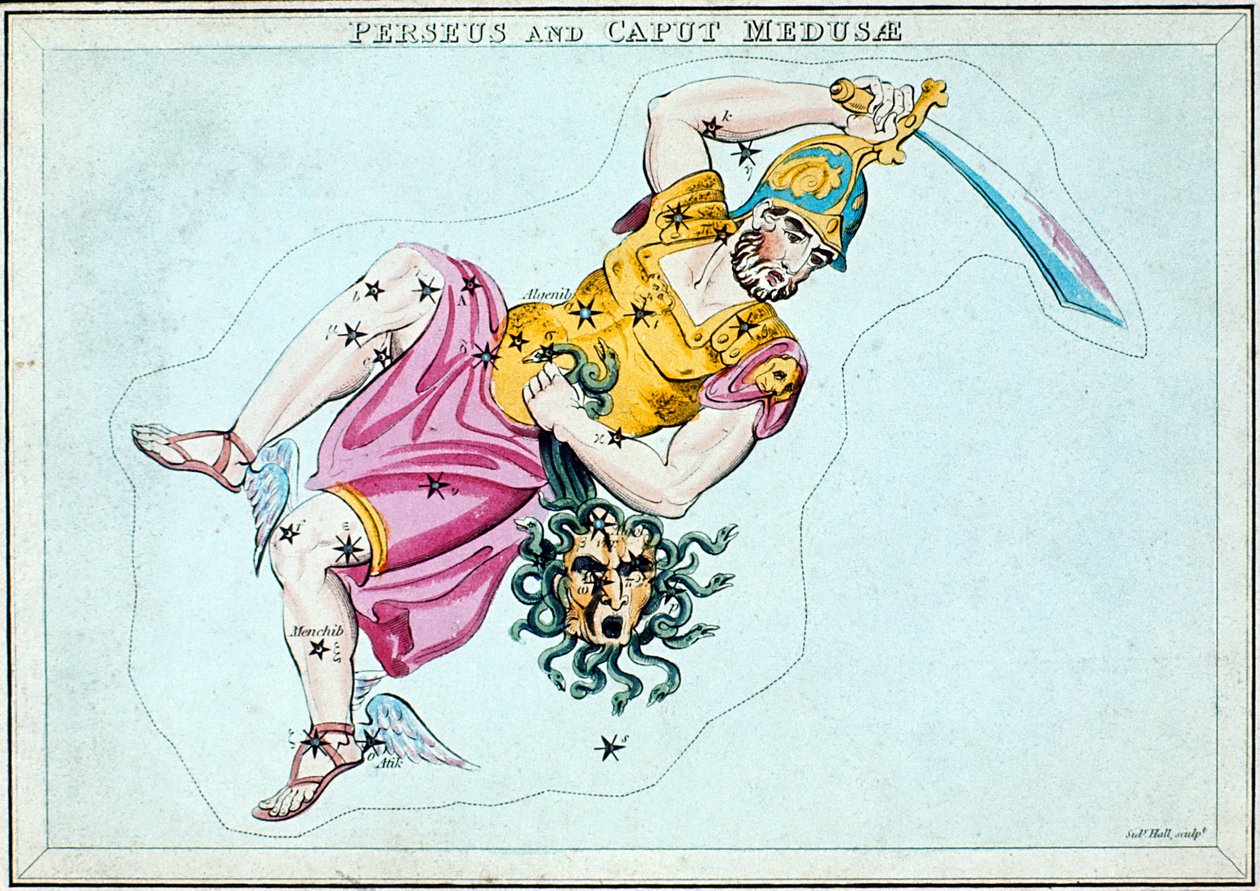 英仙座的星座，显示他背着美杜莎的头，c1820 作者 不明