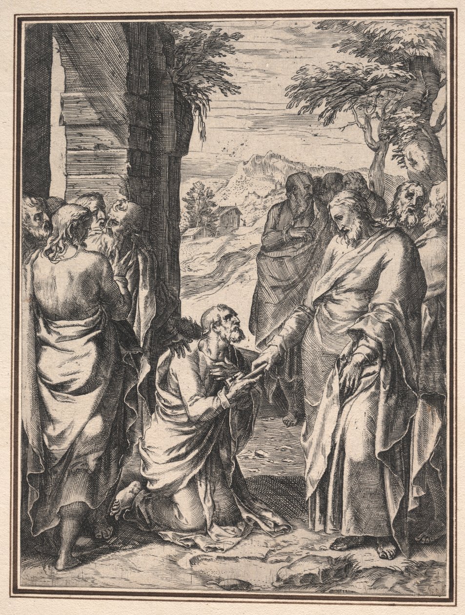 科内利斯·科尔特的副本：基督将教会的钥匙交给圣彼得，c。 1567。 作者 不明