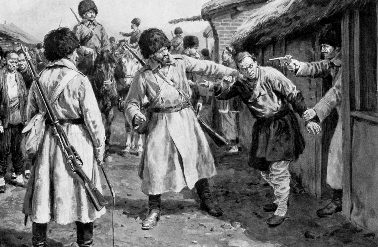 哥萨克人在日俄战争中的一个满洲村寻找日本间谍，1904-5 作者 不明