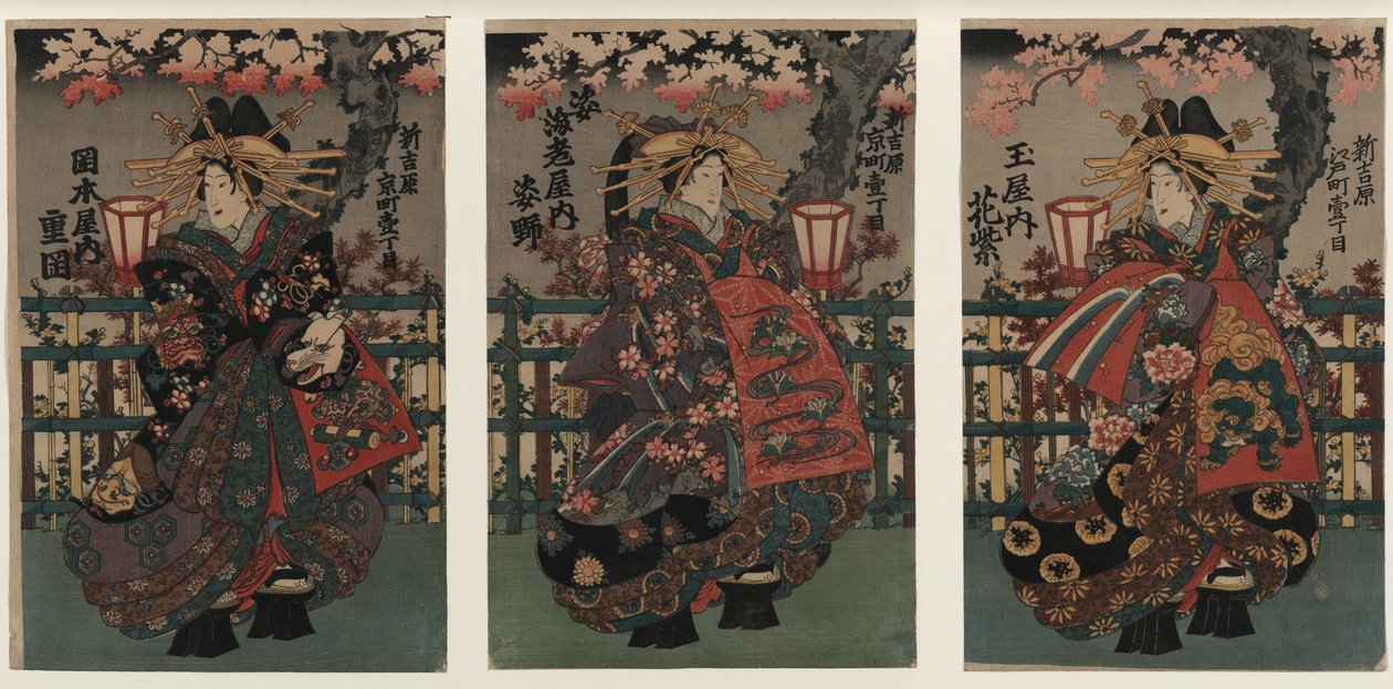 重冈，S野和花村崎等妓女。三联画。从系列的耀华美女 作者 不明