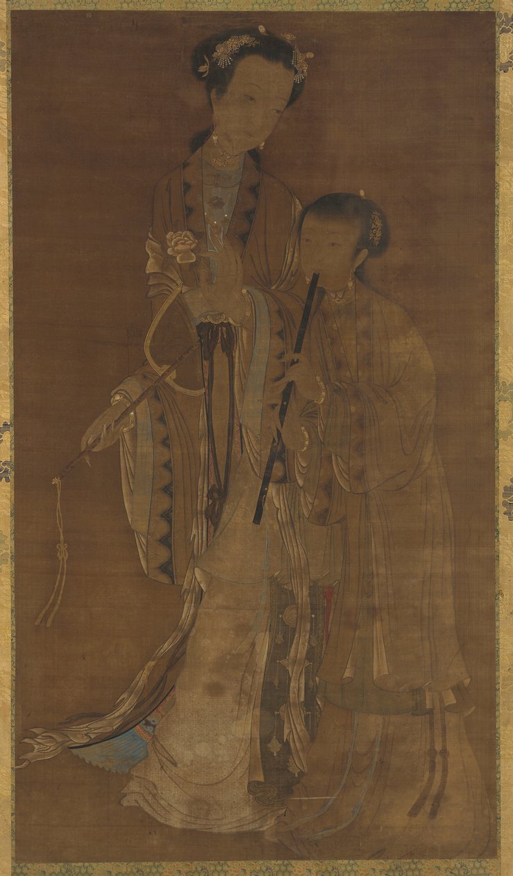 拿着扇子和笛子的宫女，清朝，17-18世纪。 作者 不明